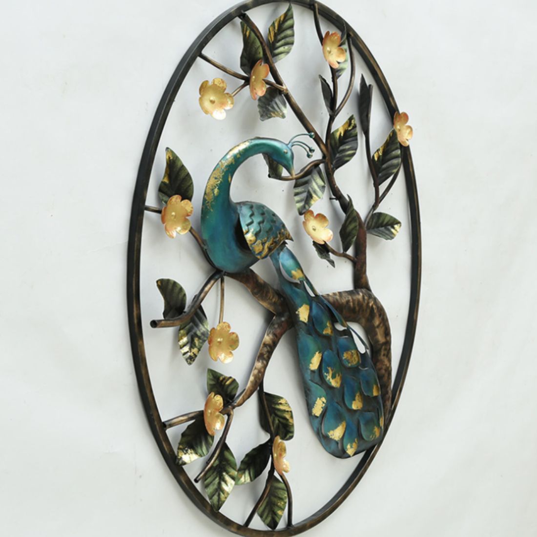 Introducing the Hansart Special Peacock In Circular Ring Metal Wall Art. This stunning piece boasts intricate design featuring a majestic peacock surrounded by a circular ring. Add a touch of elegance and sophistication to your space with this 36 inch diameter artwork.
