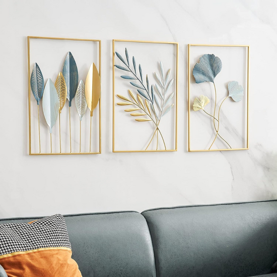Set of 3 Leaf Frame Metal Wall Art For Living Room
