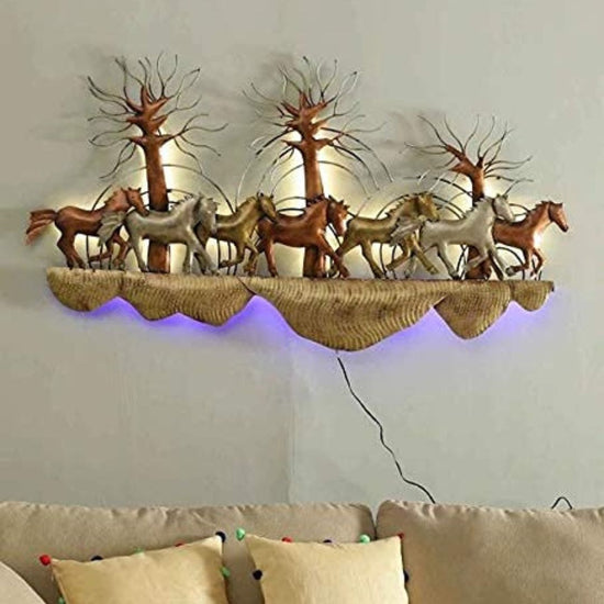 7 Horses On Mountain Wall Art With LED-Metal Wall Decor by Hans Art Total Wall Coverage Area: 48 x 28 Inches Horse wall decor with led lighting Made of High-Quality Iron Metal Perfect for your living room, bedroom, hall, office reception, guest room, and hotel reception The product is packed by professionals for safe delivery Designed to make your home look complete
