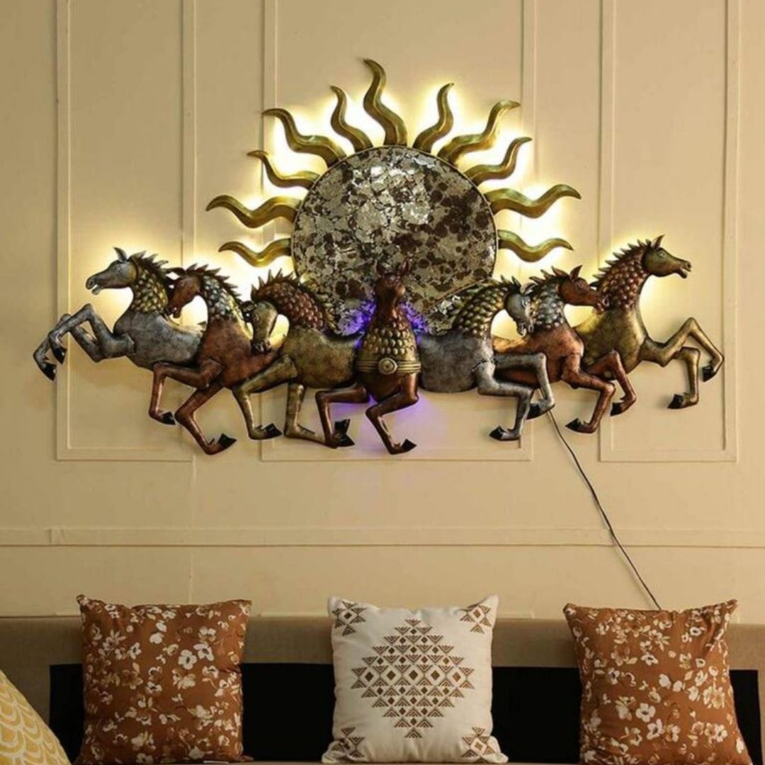 This 7 Horses with Sun Metal Wall Art by Hansart is a beautiful, eye-catching piece of metal décor that will transform any room. Made of High-Quality Iron Metal Anti-rust powder coating used for long lasting finish Hanging Mechanism included Horse wall decor with led lighting Perfect for your living room, bedroom, hall, office reception, guest room, and hotel reception The product is packed by professionals for safe delivery Designed to make your home look complete Total Wall Coverage Area:  48 x 27 Inches