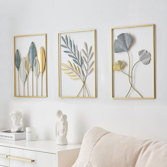 Set of 3 Leaf Frame Metal Wall Art For Living Room