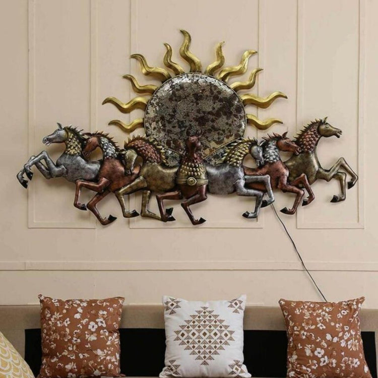 This 7 Horses with Sun Metal Wall Art by Hansart is a beautiful, eye-catching piece of metal décor that will transform any room. Made of High-Quality Iron Metal Anti-rust powder coating used for long lasting finish Hanging Mechanism included Horse wall decor with led lighting Perfect for your living room, bedroom, hall, office reception, guest room, and hotel reception The product is packed by professionals for safe delivery Designed to make your home look complete Total Wall Coverage Area:  36 x 20 Inches