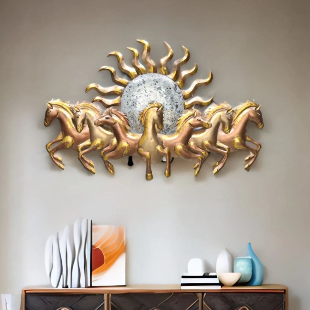 This Gold 7 Horses with Sun Metal Wall Art is the perfect addition to any living room. Crafted from metal, it features striking gold coloring and an iconic 7 horses with sun design. Hang it in any space to bring warmth and personality to your interior. Size: 48 x 27 Inches.  Made of High-Quality Iron Metal Anti-rust powder coating used for long lasting finish Hanging Mechanism included Horse wall decor with led lighting
