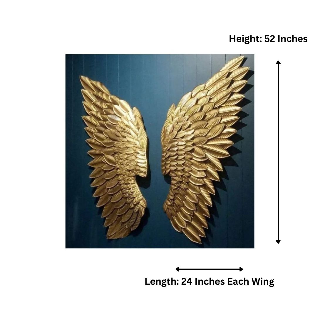 Angel Wings Metal Wall Art-Made of Premium-Quality Iron Metal Anti-rust powder coating used for long lasting finish Comes as a pair Approx Size mentioned for each wing - 48 Inches Height; 18 Inches Width Hanging Mechanism included Caring Instructions: Convenient Cleaning With Dry Cloth Perfect for your living room, bedroom, hall, office reception, guest room, and hotel reception The product is packed by professionals for safe delivery  Designed to make your home look complete