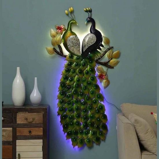 60 Inches Double Peacock wall art with LED Lights. Metal Wall Decor by Hansart Total Wall Coverage Area: 36 x 60 Inches Wall Decoration with backlit Made of Premium-Quality Iron Metal Perfect for your living room, bedroom, hall, office reception, guest room, and hotel reception The product is packed by professionals for safe delivery Designed to make your home look complete "Hansart Made In India because India itself is an art".