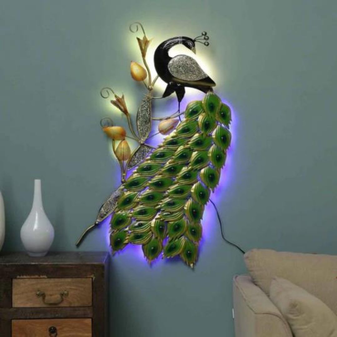 42 Inches Peacock Wall Art for Living Room. Metal Wall Decor by Hansart Total Wall Coverage Area: 26 x 42 inches Wall Decor with LED Lights Made of Premium-Quality Iron Metal Perfect for your living room, bedroom, hall, office reception, guest room, and hotel reception The product is packed by professionals for safe delivery Designed to make your home look complete "Hansart Made In India because India itself is an art".