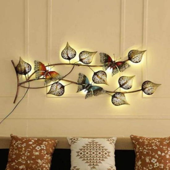 3 Multicolor Butterfly on Leaves With LED Lights (42 x 22.5 Inches)-Home Decoration-Hansart-Wildlife Metal Wall Decor by Hansart-Made of Premium-Quality Iron Metal-Perfect for your living room, bedroom, hall, office reception, guest room, and hotel reception-The product is packed by professionals for safe delivery-Designed to make your home look complete-"Hansart Made In India because India itself is an art".