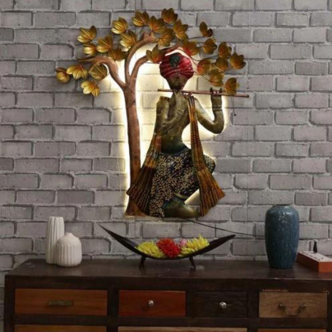Man with Flute Wall Tree Decor with LED Lights (43 x 40 Inches)-Artisan Hub-Hans Art-Metallic Traditional Wall Decor by Hansart-Made of Premium-Quality Iron Metal Perfect for your living room, bedroom, hall, office reception, guest room, and hotel reception-The product is packed by professionals for safe delivery-Designed to make your home look complete-"Hansart Made In India because India itself is an art".