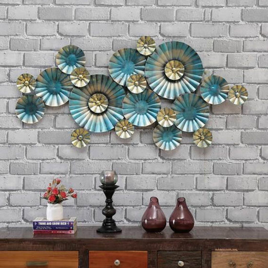 Golden N Blue Circles Metal Wall Art (46.5 x 25 Inches)-Home Decoration-Hansart-abstract metal wall art-Made of Premium-Quality Iron Metal-Perfect for your living room, bedroom, hall, office reception, guest room, and hotel reception-The product is packed by professionals for safe delivery Designed to make your home look complete-"Hansart Made In India because India itself is an art".