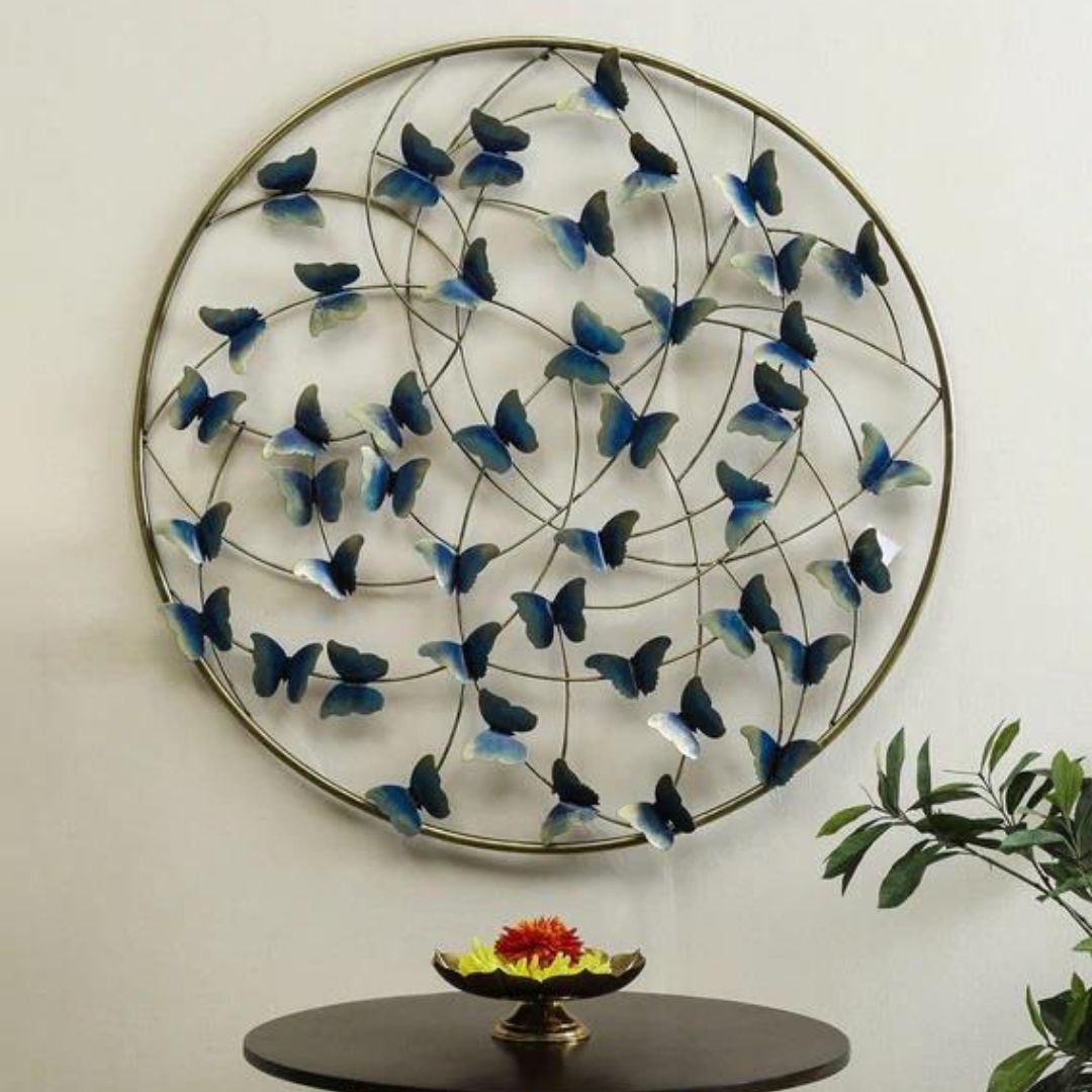 Blue Butterfly Circular Metal Wall Art (36 Inches Dia.)-Home Decoration-Hansart-Wildlife Metal Wall Decor by Hansart-Made of Premium-Quality Iron Metal-Perfect for your living room, bedroom, hall, office reception, guest room, and hotel reception-The product is packed by professionals for safe delivery-Designed to make your home look complete-"Hansart Made In India because India itself is an art".