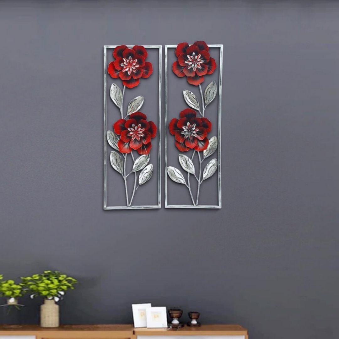 Beautiful Red Floral Wall Décor for Living Room (12 x 35 Inches Each Panel)-Home Decoration-Hansart-Metallic Nature Wall Decor by Hansart-Made of Premium-Quality Iron Metal Perfect for your living room, bedroom, hall, office reception, guest room, and hotel reception-The product is packed by professionals for safe delivery-Designed to make your home look complete-"Hansart Made In India because India itself is an art".