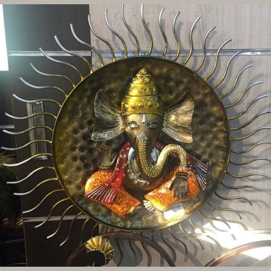Ganeshji With Sun Wall Décor (35 x 35 Inches)-Rajasthan Handicrafts-Hans Art-Metallic Traditional Wall Decor by Hansart-Made of Premium-Quality Iron Metal Perfect for your living room, bedroom, hall, office reception, guest room, and hotel reception-The product is packed by professionals for safe delivery-Designed to make your home look complete-"Hansart Made In India because India itself is an art".