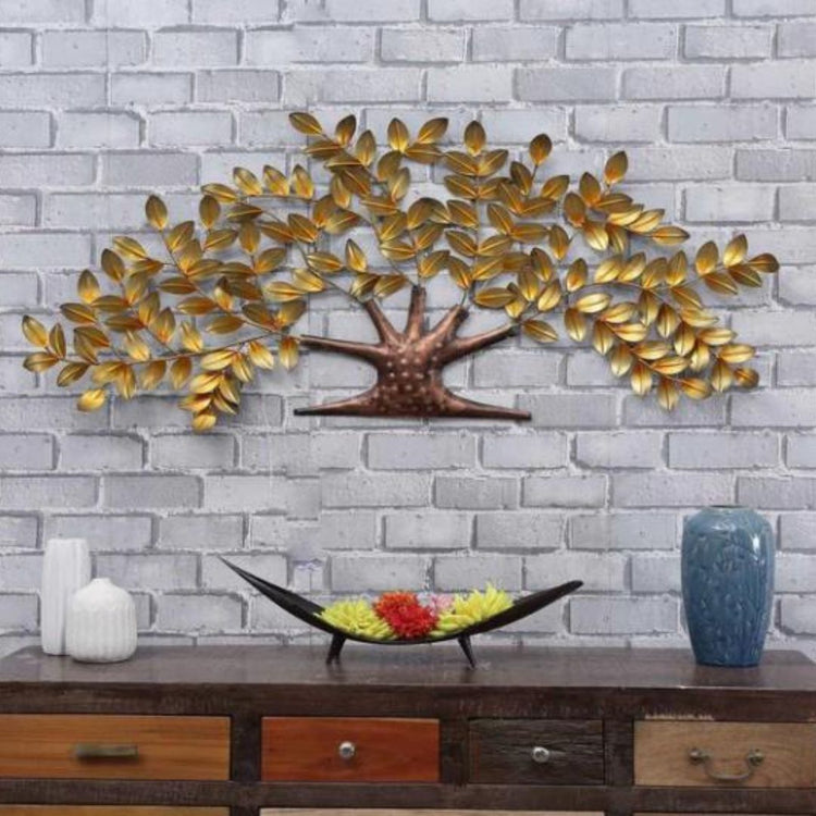 Metal Nano Tree Wall Art With Golden Leaves (54 x 25 Inches)-Home Decoration-Metal Wall Tree by Hansart Made of Premium-Quality Iron Metal Perfect for your living room, bedroom, hall, office reception, guest room, and hotel reception The product is packed by professionals for safe delivery Designed to make your home look complete "Hansart Made In India because India itself is an art".