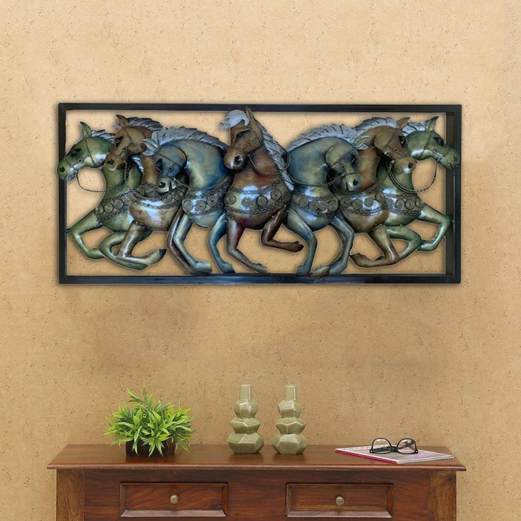 Forest 7 Horses Framed Metal Wall Art for Living Room-Metal Wall Decor by Hansart Total Wall Coverage Area: 40 x 18 Inches Made of Premium-Quality Iron Metal Anti-rust powder coating used Hanging Mechanism included Horse wall decor Perfect for your living room, bedroom, hall, office reception, guest room, and hotel reception The product is packed by professionals for safe delivery Designed to make your home look complete "Hansart Made In India because India itself is an art".