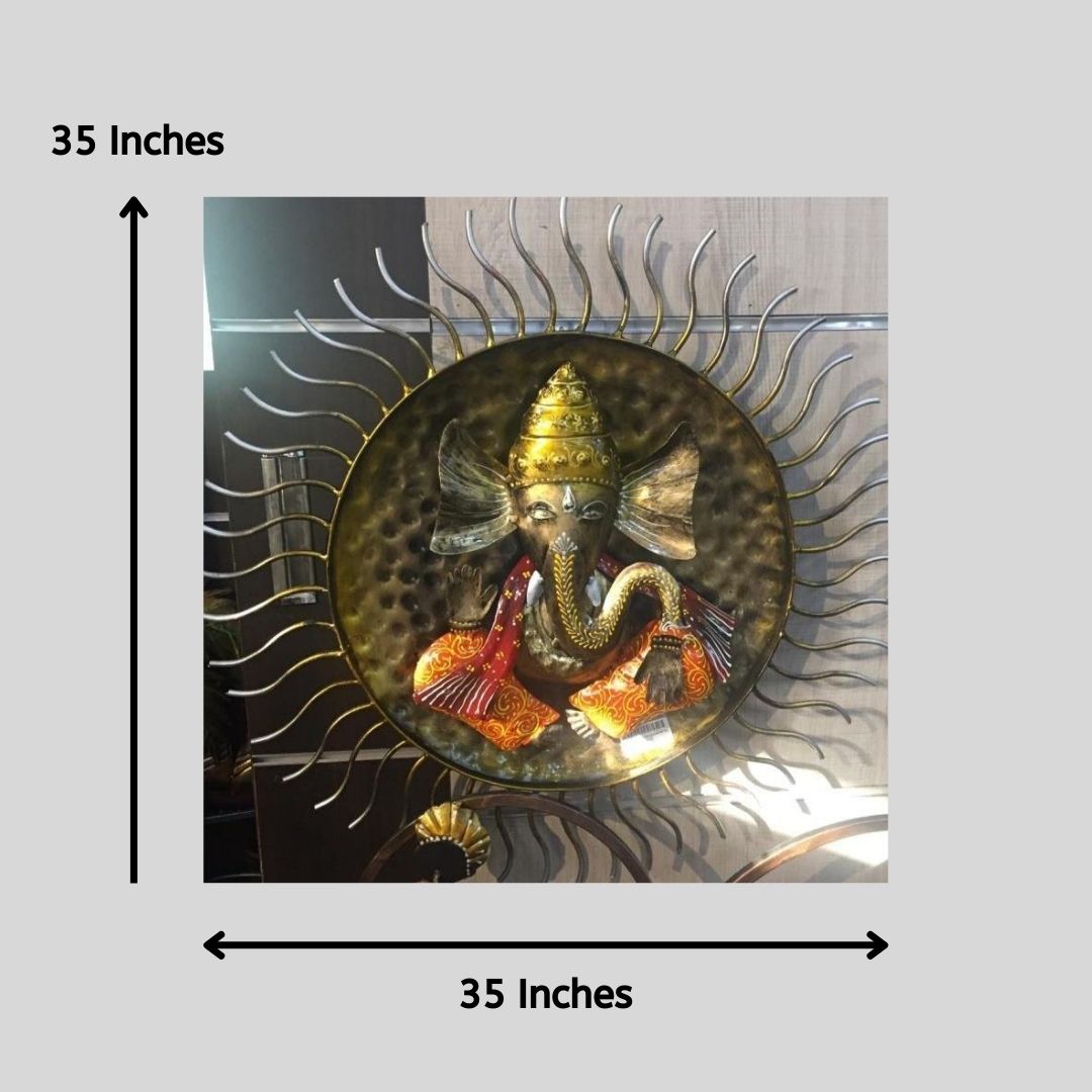Ganeshji With Sun Wall Décor (35 x 35 Inches)-Rajasthan Handicrafts-Hans Art-Metallic Traditional Wall Decor by Hansart-Made of Premium-Quality Iron Metal Perfect for your living room, bedroom, hall, office reception, guest room, and hotel reception-The product is packed by professionals for safe delivery-Designed to make your home look complete-"Hansart Made In India because India itself is an art".