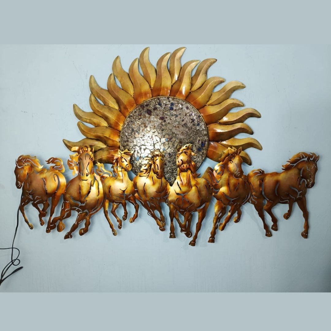 Beautifully crafted from premium-quality iron metal, this exquisite metal wall art features an elegant design of 7 horses with a sun in the center. This eye-catching piece is sure to bring a unique, stylish touch to any wall. Experience the beauty and power of 7 horses galloping in the sun with our stunning wall art. Crafted with anti-rust powder coating, this piece of art will remain vibrant and beautiful for years to come. Enjoy 57 x 33 inches of majestic elegance in your home