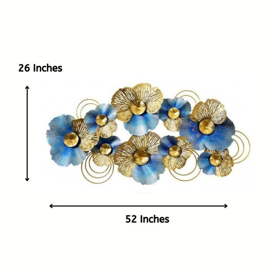 Blue N Golden Floral Metal Wall Décor For Living Room (52 x 26 Inches)-abstract wall art-Hansart-abstract metal wall art-Made of Premium-Quality Iron Metal-Perfect for your living room, bedroom, hall, office reception, guest room, and hotel reception-The product is packed by professionals for safe delivery Designed to make your home look complete-"Hansart Made In India because India itself is an art".