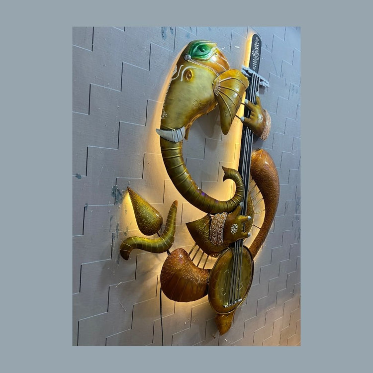 Ganeshji Playing Sitar Metal Wall Art for Living Room (36x53 Inches)-Naren Impex-Hans Art-Metallic Traditional Wall Decor by Hansart-Made of Premium-Quality Iron Metal Perfect for your living room, bedroom, hall, office reception, guest room, and hotel reception-The product is packed by professionals for safe delivery-Designed to make your home look complete-"Hansart Made In India because India itself is an art".