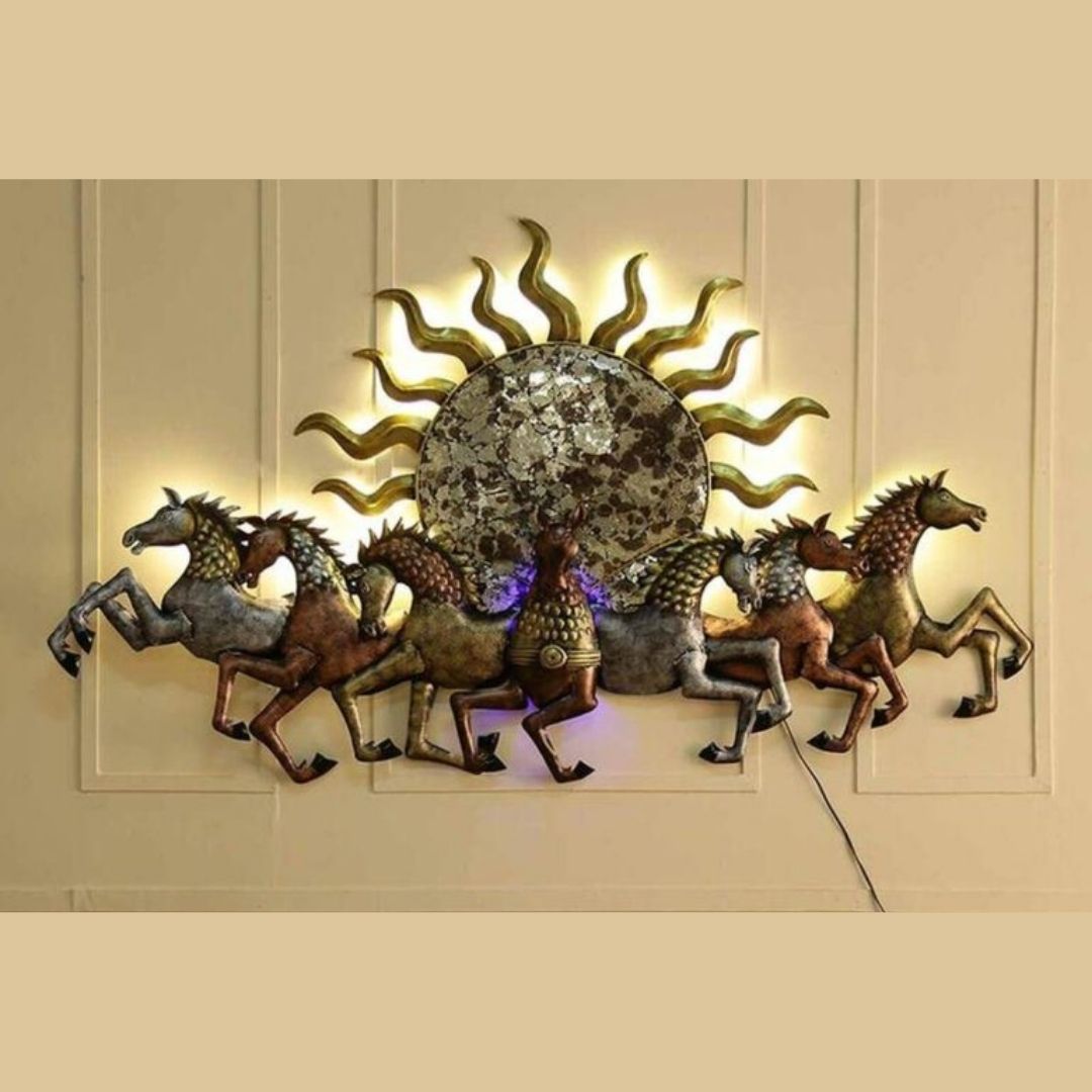 7 Horses With Sun Metal Wall Art-Made of High-Quality Iron Metal Anti-rust powder coating used Hanging Mechanism included Horse wall decor with led lighting Perfect for your living room, bedroom, hall, office reception, guest room, and hotel reception The product is packed by professionals for safe delivery Designed to make your home look complete Total Wall Coverage Area:  57 x 33 Inches